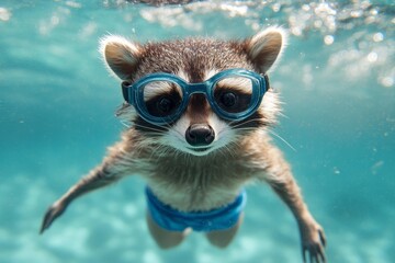 Raccoon dives into ocean wearing swim shorts and goggles for an adventurous underwater experience