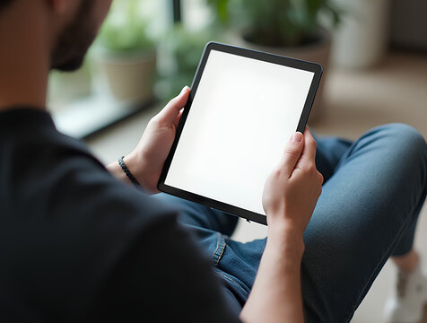 Man using tablet computer while sitting relax on chair with Clipping path on screen for easy replace you design mock up , mobile, manifestant, appli, truc, haut