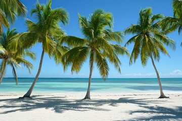 Serene tropical paradise with swaying palm trees on a pristine white sand beach under a vibrant blue sky, bathed in warm sunlight.