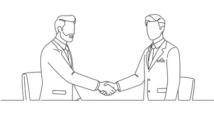 Line art illustration of two businesspeople shaking hands, symbolizing collaboration and agreement.