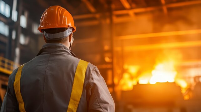 Observer of Industry: A worker in protective gear surveys a foundry scene with fiery furnaces in the background. The image encapsulates the industrial environment.