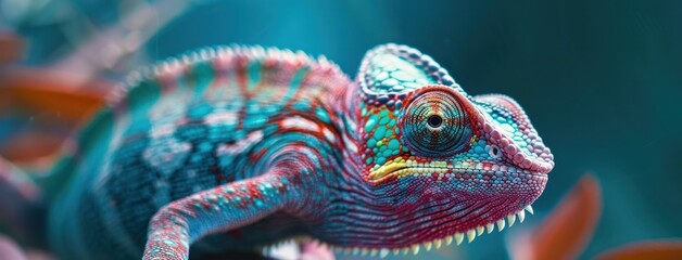 Chameleon close up photo reptile wildlife colourful eye pet scale vibrant exotic portrait aesthetic watching.