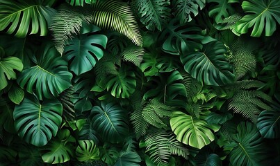 Fototapeta premium A lush tropical foliage background with monstera leaves and ferns, vibrant green, detailed texture