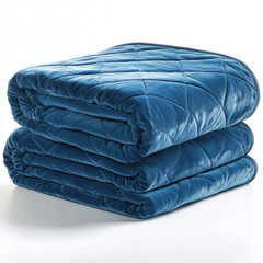 A neatly stacked pile of three blue quilted blankets with a soft, plush texture. The blankets feature subtle stitching patterns, displayed against a white background that emphasizes their cozy