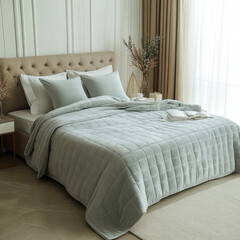 A neatly made bed features a light blue quilted blanket, matching pillows, and white sheets. It is styled in a neutral-toned room