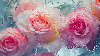 Close-up of delicate pink and red roses submerged in water with raindrops on glass surface, ethereal foggy background creating soft romantic atmosphere, macro photography style.