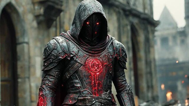 Dark hooded figure in battle scene, medieval fantasy