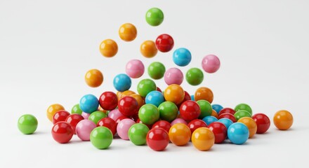 Obraz premium Colorful Gumballs Falling on White Background - A vibrant pile of gumballs, symbolizing fun, sweetness, childhood, energy, and joy. The is perfect for websites, blogs