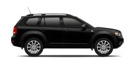 A vector illustration of a modern black car SUV, side view, with black trim and silver alloy wheels. Isolated on white background. Perfect for automotive concepts and transportation themes.
