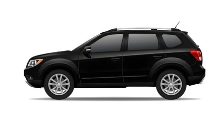 Fototapeta premium A vector illustration of a modern black car SUV, side view, with black trim and silver alloy wheels. Isolated on white background. Perfect for automotive concepts and transportation themes.