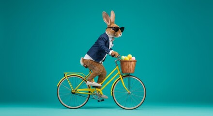 Easter Bunny Bicycle Ride - A stylish Easter Bunny in sunglasses rides a yellow bicycle, carrying a basket of colorful Easter eggs. Symbolizing spring, celebration, joy, new beginnings, and sweetness