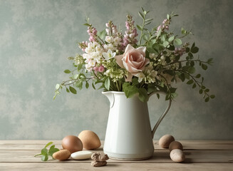 pastel flower bouquet in white pitcher