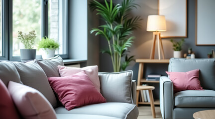 Fototapeta premium cozy living room interior with gray sofa and pink cushions