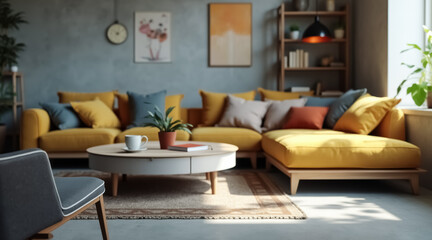 mustard yellow sectional sofa in a bright living room