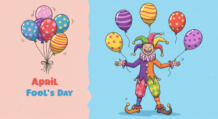 Naklejka premium Jester's April Fool's Day Balloons - A funny cartoon illustration of a jester with colorful balloons, symbolizing fun, laughter, pranks, surprises, and celebration. Perfect for April Fool's Day