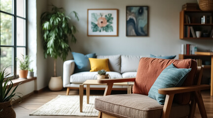 comfortable armchair with earth-toned cushions in a mid-century modern living room