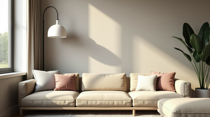 Naklejka premium beige couch with pink and pillows in a sunlit living room