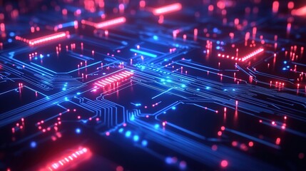 Fototapeta premium A detailed close-up of a circuit board with glowing blue lines and red lights, futuristic technology