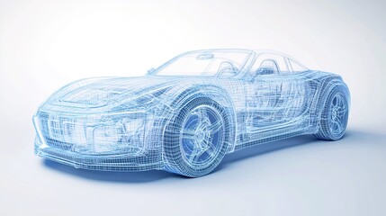 Fototapeta premium A detailed blue line drawing of a sports car on a white background, wireframe style, 3d rendering