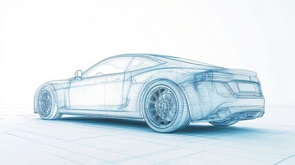 A detailed blue line drawing of a sports car on a white background, wireframe style, 3d rendering