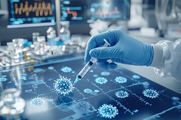 Futuristic biotechnology—A scientist's hand with a syringe targeting a digital virus structure