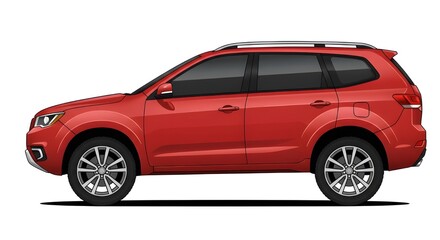 Fototapeta premium A vector illustration of a modern red car SUV, side view, with black trim and silver alloy wheels. Isolated on white background. Perfect for automotive concepts and transportation themes.