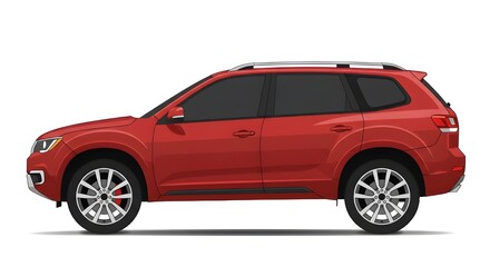 Obraz premium A vector illustration of a modern red car SUV, side view, with black trim and silver alloy wheels. Isolated on white background. Perfect for automotive concepts and transportation themes.