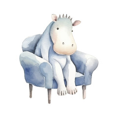 hippo sitting on chair cute watercolors illustration on white background