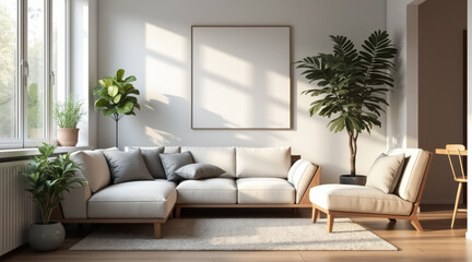 modern minimalist living room with sectional sofa and armchair