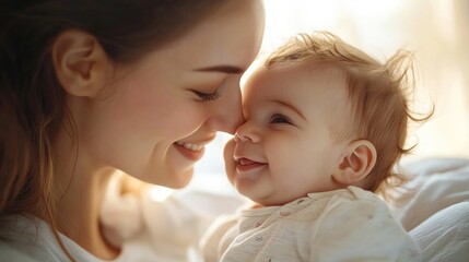 A Loving Mother Sharing a Gentle Heartwarming Moment with Her Baby in Soft Natural Lighting