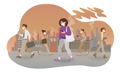 Air pollution concept with PM2.5, people are wearing face mask in urban and industry life. Cartoon illustration in flat style.