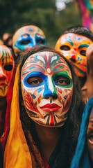 A person with a colorful face mask is centered in view