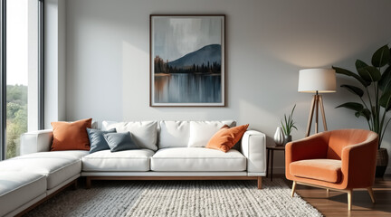 contemporary living room interior with white sectional sofa and burnt armchair