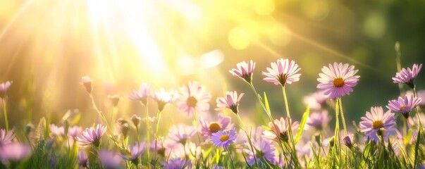 Obraz premium Beautiful Vibrant Spring Meadow with Lush Grass, Colorful Flowers, and Sunlit Banner Background