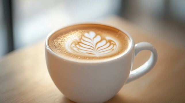 Beautifully crafted latte with graceful leaf foam pattern in sleek modern white cup served elegantly