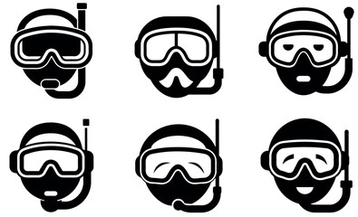 Black and White Icons of Divers Ready for Underwater Adventures
