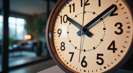 close-up of a minimalist cream-colored analog clock with black hands and numerals