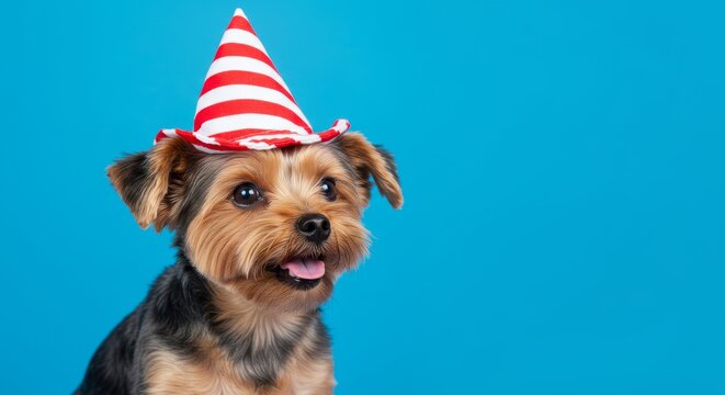 Yorkshire Terrier April Fool's Day Fun - Festive Yorkshire Terrier, April Fool's Day, playful dog, striped hat, blue background. Symbolizes humor, fun, celebration, pets, and spring - Powered by Adobe