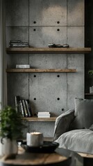 Modern Industrial Open Shelves Featuring Concrete Textures