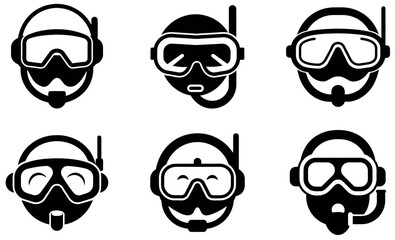 Six scuba divers with snorkels, set of icons.
