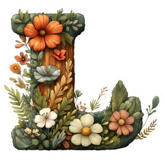 Illustration showcasing a decorative letter L adorned with an array of colorful, intricate flowers and lush leaves, emphasizing creativity, floral beauty, and artistic expression.