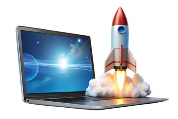 digital illustration of laptop and rocket isolated on white background PNG. GENERATIVE AI