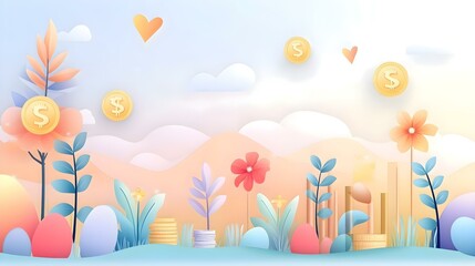 Whimsical Financial Growth Illustration with Coins and Flowers