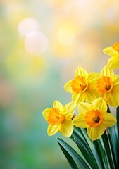 Elegant Daffodil Border Illustrated on a Soft Blurred Spring Background with Lush Natural Floral Elements for Creative Projects
