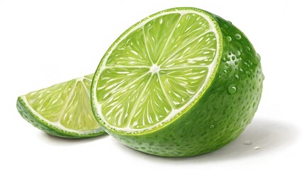 A bright green lime with glossy surface on a pure white background