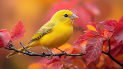 Vibrant yellow bird perched on autumn branch