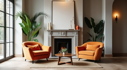 two velvet armchairs flanking a coffee table in a living room with a fireplace