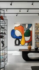 Sleek Black Metal Shelves in Modern Gallery with Art Display