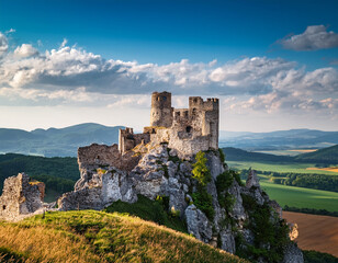 Historic Slovak castle ruins perched on a rocky hilltop under a cloudy blue sky with distant rolling hills.