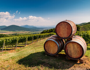 Slovak wooden barrels stacked outside a small vineyard surrounded by rows of grapevines with distant hills in view.